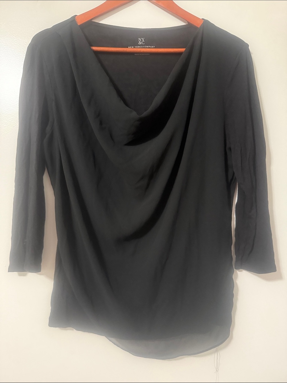 NY Collection Black Cowl Neck Draped Women's Top